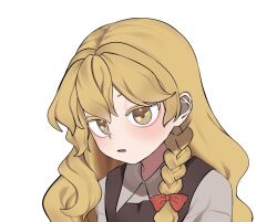  1girl black_vest blonde_hair bow braid hair_bow kirisame_marisa looking_at_viewer niru_(ka_k_0517) no_headwear open_mouth red_bow side_braid simple_background single_braid solo touhou vest white_background yellow_eyes 