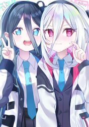  2girls :d absurdres aqua_halo aris_(blue_archive) black_hair black_hairband black_vest blue_archive blue_eyes blue_necktie blush bright_pupils collared_shirt commentary_request double-parted_bangs flying_sweatdrops hair_between_eyes hairband halo hand_up happy highres hitoha_koduku index_finger_raised jacket kei_(blue_archive) kei_(new_body)_(blue_archive) long_hair long_hair_between_eyes long_sleeves looking_at_viewer multiple_girls necktie notice_lines open_clothes open_jacket open_mouth pink_halo rectangular_halo red_eyes ringed_eyes school_uniform shirt shy simple_background smile sweatdrop teeth upper_body upper_teeth_only v v-shaped_eyebrows very_long_hair vest white_background white_hair white_jacket white_pupils white_shirt 