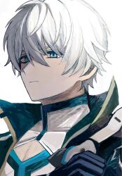  1boy asatya_ny black_gloves black_jacket blue_eyes cleavage_cutout closed_mouth clothing_cutout gloves highres honkai_(series) honkai_impact_3rd jacket kevin_kaslana male_focus pectoral_cleavage pectorals short_hair simple_background solo upper_body white_background 