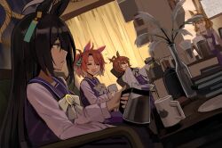  4girls agnes_tachyon_(umamusume) ahoge animal_ears black_hair book book_stack bow bowtie breasts brown_hair checkered_ribbon closed_eyes coffee coffee_mug commentary cup dantsu_flame_(umamusume) ear_covers ear_ribbon ear_tag earrings english_commentary flower franz2543 hair_between_eyes hair_ornament hairclip horse_ears horse_girl jam_(umamusume) jewelry jungle_pocket_(umamusume) kettle lab_coat long_bangs long_hair long_hair_between_eyes long_sleeves looking_at_another manhattan_cafe_(umamusume) medium_hair mug multicolored_hair multiple_girls notched_ear open_mouth pleated_skirt pouring purple_sailor_collar purple_serafuku purple_shirt purple_skirt red_eyes sailor_collar sailor_shirt school_uniform serafuku shirt single_earring sitting skirt sleeves_past_fingers sleeves_past_wrists smile tracen_school_uniform umamusume umamusume:_beginning_of_a_new_era white_bow white_bowtie white_hair yellow_eyes 