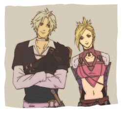  1boy 1girl arms_behind_back black_tunic blonde_hair blue_eyes border braid breasts brown_eyes choker closed_mouth clothing_cutout collared_shirt commentary_request crop_top crossed_arms final_fantasy final_fantasy_xiv grey_background grey_hair korean_commentary light_smile medium_breasts midriff minfilia_warde navel parted_bangs pink_shirt pyshiki shirt short_hair side_braid swept_bangs thancred_waters tunic updo upper_body white_border white_choker white_shirt 