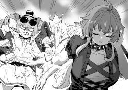  2girls adjusting_hair afterimage ahoge arm_up beads breasts closed_eyes coat cowboy_shot cross-laced_clothes cross-laced_dress dress drill_hair emphasis_lines eyewear_on_head facing_viewer gradient_hair greyscale hat hijiri_byakuren jewelry large_breasts layered_dress long_hair meme monochrome multicolored_hair multiple_girls naoya_hitting_choso_without_looking_(meme) necklace nekobatake prayer_beads punching rapid_punches sharp_teeth shirt sidelocks skirt teeth top_hat touhou twin_drills upper_body yorigami_jo'on 
