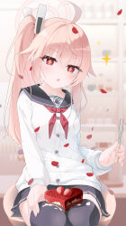  +_+ 1girl absurdres ahoge black_sailor_collar black_skirt black_thighhighs blue_archive blurry blurry_background blush buttons cake cardigan chestnut_mouth chinese_commentary commentary cowboy_shot cream dated excited eyes_visible_through_hair falling_petals fingernails food fork fruit hair_between_eyes hair_intakes halo hand_up heart heart-shaped_cake heart-shaped_food highres holding holding_fork indoors long_hair looking_at_viewer miniskirt natsu_(blue_archive) neckerchief open_mouth petals pink_hair pink_halo pleated_skirt red_eyes red_neckerchief sailor_collar school_uniform serafuku side_ponytail sidelocks sitting sjk_2411 skirt sleeves_past_wrists solo sparkle straight_hair strawberry teeth thigh-highs upper_teeth_only v-shaped_eyebrows white_cardigan zettai_ryouiki 