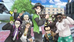 6+boys beard black_gloves black_hair black_hat blue_hair clenched_hand corbeau_(pokemon) cyrus_(pokemon) double_thumbs_up eyewear_on_head facial_hair game_screenshot_background ghetsis_(pokemon) giovanni_(pokemon) giovanni_(sygna_suit)_(alt.)_(pokemon) gloves green_hair green_jacket grey_eyes guzma_(pokemon) hat highres jacket looking_at_viewer lumiose_city momoyuu1009 multiple_boys necktie official_alternate_costume open_mouth paxton_(pokemon) pokemon pokemon_bw2 pokemon_dppt pokemon_legends:_z-a pokemon_masters_ex pokemon_sm pokemon_swsh purple_hair red_eyes rose_(pokemon) round_eyewear screenshot_background smile sunglasses sweater thumbs_up v white_hair white_necktie white_sweater yellow_eyes 