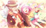 2boys 2girls bench blush character_request closed_eyes confetti dress flower grandfather_and_granddaughter happy holding official_art ootori_emu open_mouth pink_hair project_sekai short_hair smile younger