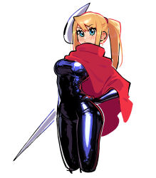  1girl absurdres black_bodysuit blonde_hair blue_eyes blush bodysuit breasts character_mask cloak cosplay hand_on_own_hip highres hollow_knight hollow_knight:_silksong horned_mask hornet_(hollow_knight) hornet_(hollow_knight)_(cosplay) kaatokun latex latex_bodysuit long_hair looking_at_viewer mask mask_on_head medium_breasts metroid needle_sword red_cloak samus_aran simple_background solo white_background white_mask 