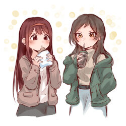  2girls :t brown_eyes brown_hair brown_jacket brown_sweater bubble_tea chewing commentary_request cropped_legs drink drinking drinking_straw drinking_straw_in_mouth eating food green_jacket hand_in_pocket holding holding_drink holding_food idolmaster idolmaster_million_live! jacket kitazawa_shiho long_hair long_sleeves multiple_girls open_clothes open_jacket side-by-side sorappi standing sweater tanaka_kotoha 