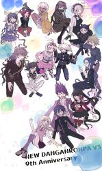  6+boys 6+girls ahoge akamatsu_kaede android anniversary antenna_hair arm_belt armor beanie belt black_gloves black_hair black_jacket black_sailor_collar blonde_hair blue_eyes blue_hair blunt_bangs blush blush_stickers bow bowtie breasts brown_eyes brown_hair brown_suit buttons chabashira_tenko checkered_clothes checkered_scarf choker closed_eyes collared_jacket collared_shirt commentary copyright_name crest danganronpa_(series) danganronpa_v3:_killing_harmony dark-skinned_female dark_skin double-breasted dress english_text everyone explosive facial_hair fingerless_gloves flipped_hair floating gem_hair_ornament glasses gloves goatee goggles goggles_on_head gokuhara_gonta green_eyes green_hair grenade grey_hair hair_between_eyes hair_ornament hair_over_one_eye hair_ribbon hair_scrunchie hairband happy_anniversary harukawa_maki hat hat_belt highres holding holding_grenade horned_hat hoshi_ryoma iruma_miu jacket jewelry k1-b0 lace-trimmed_hairband lace_trim layered_skirt leather leather_jacket long_hair long_sleeves looking_at_viewer low_twintails messy_hair midair mmr_0x mole mole_under_eye mole_under_mouth momota_kaito multiple_belts multiple_boys multiple_girls musical_note musical_note_hair_ornament necklace necktie o-ring o-ring_belt oma_kokichi open_clothes open_mouth pants pink_choker pink_hairband pink_serafuku pink_shirt pink_sweater_vest pink_vest pinstripe_jacket pinstripe_pants pinstripe_pattern pleated_skirt power_armor purple_facial_hair purple_hair raincoat red_eyes red_hair red_scrunchie red_shirt red_thighhighs ribbon round_eyewear saihara_shuichi sailor_collar scarf school_uniform scrunchie serafuku shell shell_necklace shirogane_tsumugi shirt short_hair short_male sitting skirt smile spiky_hair striped_clothes striped_pants suit sweater_vest thigh-highs thigh_belt thigh_strap tojo_kirumi too_many_balloons twintails two-tone_pants two-tone_scarf very_long_hair vest watermark white_bag white_bow white_bowtie white_hair white_shirt yellow_raincoat yonaga_angie yumeno_himiko 
