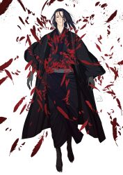  1boy androgynous black_hair black_haori black_kimono brown_hair closed_mouth commentary_request falling_feathers feathers fingernails full_body grey_sash haori highres japanese_clothes karasu_wa_aruji_wo_erabanai kimono light_smile male_focus medium_hair natsukihiko_(karasu_wa_aruji_wo_erabanai) nori_(norimakigumo) red_feathers sharp_fingernails sharp_toenails signature simple_background solo toenails white_background 