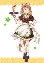  ahoge animal_ears apron bow bow_choker breasts brown_hair brown_shirt brown_skirt choker closed_eyes commentary_request facing_viewer food green_bow green_choker grin hair_between_eyes hair_ornament hairclip highres holding holding_tray horse_ears horse_girl horse_tail jungle_pocket_(umamusume) loose_socks medium_hair nnmkmwakaranai notched_ear open_mouth parfait puffy_short_sleeves puffy_sleeves shirt shoes short_sleeves skirt small_breasts smile socks star_(symbol) tail teeth tray umamusume waist_apron white_apron white_headdress white_socks white_wrist_cuffs wrist_cuffs 