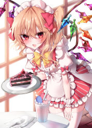  1girl absurdres alternate_costume apron blonde_hair blush bow bowtie cake cake_slice commentary_request crystal crystal_wings enmaided fang flandre_scarlet food fork hair_bow highres holding holding_tray knife maid maid_apron maid_headdress multicolored_wings one_side_up open_mouth plate pointy_ears red_bow red_eyes rori82li skin_fang sleeve_bow solo table thigh-highs touhou tray white_apron white_thighhighs wings wrist_cuffs yellow_bow yellow_bowtie 