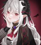  1girl earrings gem genderswap genderswap_(mtf) highres jewelry kuzuha_(nijisanji) long_hair long_sleeves maid_headdress mole mole_under_eye nijisanji pointy_ears purple_gemstone red_eyes sanya_(kuzuha) solo takeshi_(310) vampire virtual_youtuber wavy_hair white_hair 