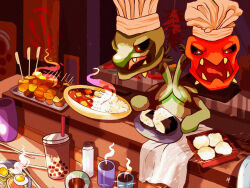  bowl bubble_tea chef_hat clothed_pokemon commentary counter cup curry curry_rice disposable_cup drinking_straw egg_(food) english_commentary fangs food food_request hat metanagon mug multiple_heads no_humans onigiri open_mouth plate pokemon pokemon_(creature) pokemon_focus rice scovillain solo steam thermos tongue tray white_hat 