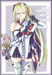  1girl black_gloves black_skirt blonde_hair blue_eyes bouquet commentary_request dress french_text gloves grey_background hair_between_eyes highres kantai_collection long_hair looking_at_viewer mole mole_under_eye multicolored_scarf ponytail richelieu_(kancolle) richelieu_deux_(kancolle) scarf skirt solo thigh-highs thrux white_dress white_thighhighs 