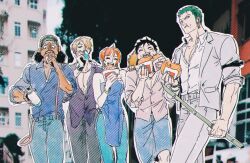  1girl 4boys bandana_around_arm bangle bare_shoulders black_hair blonde_hair blue_pants blue_shirt blue_shorts bracelet closed_eyes commentary drinking earrings eating feet_out_of_frame food food_on_face green_hair grey_jacket grey_pants hand_on_another's_shoulder hat highres holding holding_food jacket jewelry long_nose mcbuckwheat monkey_d._luffy multiple_boys nami_(one_piece) one_piece open_clothes open_jacket open_mouth orange_hair outdoors pants photo_background purple_shirt roronoa_zoro sanji_(one_piece) scar scar_on_cheek scar_on_face shirt short_hair shorts straw_hat straw_hat_pirates suspenders symbol-only_commentary unworn_hat unworn_headwear usopp white_shirt 