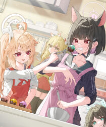  4girls :/ :t absurdres after-school_sweets_club_(blue_archive) ahoge airi_(blue_archive) animal_ears apron black_choker black_jacket black_thighhighs blonde_hair blue_archive bright_pupils choker collarbone colored_inner_hair commentary_request fork green_eyes green_sailor_collar halo highres holding holding_fork jacket kazusa_(blue_archive) kitchen krux_(k_krux) long_hair looking_at_another multicolored_hair multiple_girls natsu_(blue_archive) open_mouth pink_apron pink_hair pink_halo red_apron red_eyes sailor_collar shirt short_hair short_sleeves thigh-highs twintails two-tone_hair upper_body white_halo white_pupils white_shirt yellow_eyes yoshimi_(blue_archive) 