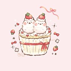  animal animal_focus bird bow commentary_request cupcake food fruit heart highres looking_at_viewer no_humans on_food original pink_background pink_bow pink_ribbon ribbon strawberry temariame14 