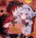  2girls absurdres akane031 animal_ears arm_around_shoulder black_hair blue_eyes bug chain closed_mouth collar english_text fake_animal_ears fake_tail fingerless_gloves ghost ghost_costume gloves gradient_hair halloween halloween_costume heart heart-shaped_eyes highres holding holding_sign jack-o&#039;-lantern jack-o&#039;-lantern_ornament multicolored_hair multiple_girls pumpkin red_shirt redhead ruby_rose rwby scar scar_across_eye shirt short_hair sign silk spider spider_web spiked_collar spikes tail weiss_schnee white_hair 