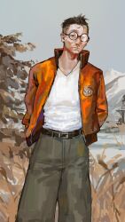  1boy aegyo_sal arms_behind_back belt black_eyes black_hair bomber_jacket commentary disco_elysium english_commentary feet_out_of_frame field glasses hair_slicked_back highres jacket kim_kitsuragi kozmoraven1610 looking_at_viewer male_focus mountainous_horizon orange_jacket outdoors shirt shirt_tucked_in short_hair sideburns solo standing tree white_shirt 