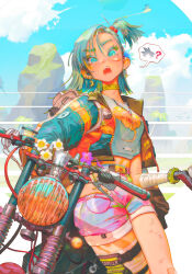  1girl ? aqua_eyes aqua_hair aqua_jacket artist_name bag bandaged_arm bandages bandaid bandaid_on_cheek bandaid_on_face bandaid_on_knee bandaid_on_leg belt black_gloves blue_sky bracelet breasts brown_bag bulma choker colored_eyelashes commentary cowboy_shot crescent crescent_earrings cropped_jacket cropped_shirt dragon_ball dragon_ball_(classic) ear_piercing earrings english_commentary gloves hair_between_eyes hair_ornament hair_scrunchie hand_on_own_hip high_side_ponytail highres holding jacket jewelry looking_at_viewer medium_breasts medium_hair midriff motor_vehicle motorcycle necklace on_motorcycle open_clothes open_jacket open_mouth orange_thighhighs outdoors paul_nong piercing pink_shorts print_shirt red_scrunchie scrunchie shirt shorts signature single_glove single_thighhigh sitting sky solo speech_bubble spiked_bracelet spikes teeth thigh-highs thigh_strap white_background white_shirt yellow_choker 