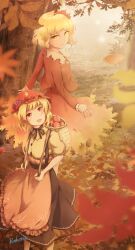  2girls aki_minoriko aki_shizuha apple autumn_leaves commentary_request food fruit hat highres kakera_(comona_base) leaf long_sleeves looking_up maple_leaf mob_cap multiple_girls red_eyes red_hat short_sleeves touhou tree yellow_eyes 