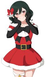  1girl absurdres alternate_costume black_bow black_gloves blush bow closed_mouth collarbone cowboy_shot dress dress_bow elbow_gloves embarrassed fur-trimmed_dress fur_trim gloves green_hair hair_bow hands_on_own_cheeks hands_on_own_face highres looking_at_viewer love_live! love_live!_nijigasaki_high_school_idol_club mifune_shioriko red_bow red_eyes santa_costume santa_dress short_dress simple_background smile solo uchuu_no_mozuku white_background 