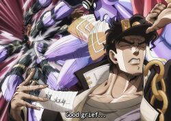  1other 2boys adjusting_hair black_hair black_hat blood chain closed_eyes earrings face_punch fingerless_gloves gloves hat highres in_the_face jacket jewelry jojo_no_kimyou_na_bouken kujo_jotaro meme multiple_boys muscular muscular_male naoya_hitting_choso_without_looking_(meme) paper parody punching rapid_punches scene_reference school_uniform shrimpify131 single_earring smear_frame stand_(jojo) star_platinum steely_dan subtitled teeth 