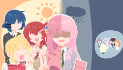  6+girls bang_dream! bang_dream!_it's_mygo!!!!! blush_stickers bocchi_the_rock! chihaya_anon clouds commentary_request gotoh_hitori grey_background haihara_yuuya highres long_hair multiple_girls no_eyes open_mouth orange_background pink_hair rain simple_background sun 