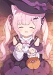  1girl animal_ears blurry blush bow candy cat_ears cat_girl cat_tail closed_eyes depth_of_field detached_sleeves fang food from_above hair_ornament hair_scrunchie halloween hat hat_bow highres holding long_hair open_mouth original outstretched_hand pink_hair scrunchie sidelocks skirt smile solo tail twintails tyakomes variant_set witch_hat 