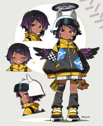  1girl ^_^ absurdres black_jacket black_socks black_wings blonde_hair blunt_bangs closed_eyes closed_mouth commentary dark-skinned_female dark_skin diagonal_bangs english_commentary feathered_wings full_body grey_background grin helmet hepari highres jacket knee_pads long_sleeves looking_at_viewer multicolored_hair multiple_views original purple_hair purple_wings sharp_teeth shoes short_hair shorts single_knee_pad sleeves_past_wrists smile socks standing steering_wheel streaked_hair teeth twitter_username two-tone_hair two-tone_wings violet_eyes white_helmet white_shorts wings yellow_shoes 