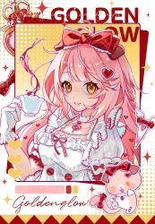  1girl absurdres ahoge arknights bow braid character_name choker collarbone commentary_request cup dress english_text frilled_choker frilled_gloves frilled_sleeves frills gloves goldenglow_(arknights) goldenglow_(party_in_the_garden)_(arknights) hair_bow hair_ornament hand_up heart heart_hair_ornament highres holding holding_cup lolita_fashion long_hair looking_at_viewer official_alternate_costume parted_lips pink_hair puffy_short_sleeves puffy_sleeves qiyu_chunqiu red_bow red_ribbon red_trim ribbon short_sleeves smile solo teacup upper_body white_choker white_dress white_gloves yellow_eyes 