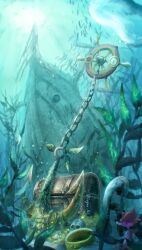  absurdres air_bubble anchor bubble chain commentary_request dhelmise fish highres legna_(legna_161cm) no_humans pocket_watch pokemon pokemon_(creature) seaweed shipwreck skrelp skull treasure treasure_chest underwater watch 