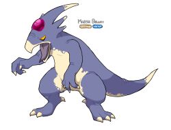  1other beak blue_skin clawed_boots claws colored_skin colored_tongue commentary coolstickarts fakemon forehead_jewel gem golduck highres horns no_humans open_mouth pokemon pokemon_(creature) purple_tongue red_gem redesign simple_background slit_pupils solo standing tail tongue white_background yellow_eyes 