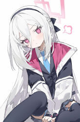  1girl black_hairband black_thighhighs blue_archive blue_necktie hairband halo highres jacket kei_(blue_archive) kei_(new_body)_(blue_archive) long_hair measho necktie pink_eyes simple_background skirt solo thigh-highs white_background 