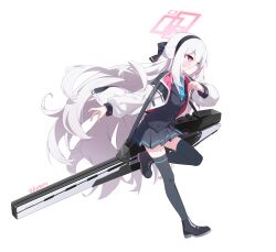  1girl absurdres artist_name black_hairband black_jacket black_shoes black_skirt black_thighhighs blazer blue_archive blue_necktie closed_mouth collared_shirt commentary exusiai_dust full_body hair_between_eyes hairband halo highres jacket kei_(blue_archive) kei_(new_body)_(blue_archive) long_hair long_hair_between_eyes long_sleeves miniskirt necktie pink_eyes pink_halo pleated_skirt puffy_long_sleeves puffy_sleeves rectangular_halo ringed_eyes school_uniform shirt shoes simple_background skirt solo thigh-highs very_long_hair weapon white_background white_hair white_jacket white_shirt zettai_ryouiki 