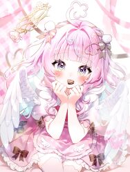  1girl black_bow blue_hair blush bow candy chocolate colored_inner_hair commentary_request commission dress feathered_wings food food_in_mouth hands_up heart heart-shaped_chocolate heart-shaped_food highres indie_virtual_youtuber kise_inaka long_hair looking_at_viewer multicolored_eyes multicolored_hair pink_dress pink_hair puffy_sleeves signature sitting skeb_commission solo thank_you thigh-highs very_long_hair virtual_youtuber white_wings wings 