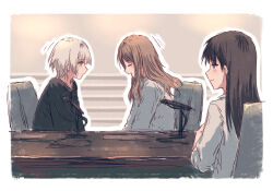  3girls bang_dream! bang_dream!_it's_mygo!!!!! black_hair border brown_background brown_hair closed_mouth commentary film_grain from_side grey_shirt kaname_raana long_hair long_sleeves looking_at_another mole mole_under_eye motion_lines multiple_girls nagasaki_soyo open_mouth outline parted_lips shiina_taki shirt short_hair sidelocks sitting table violet_eyes white_border white_hair white_outline yellow_eyes yukitake_(bullfalk) 