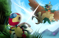  blue_sky blurry blurry_background closed_mouth clouds commentary day decidueye english_commentary flying glint grass hybridthecherub ledian making-of_available open_mouth orange_pupils outdoors paid_reward_available patreon_username pokemon pokemon_(creature) pokemon_focus sky talons tree web_address yellow_eyes 