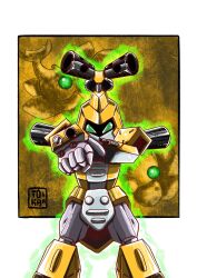  aiming aiming_at_viewer aiming_up artist_logo commentary deviantart english_commentary full_body glowing glowing_eyes green_eyes gun hand_on_own_arm highres holding holding_gun holding_weapon humanoid_robot logo mecha medarot metabee robot standing tokasenseigg_(artist) weapon 