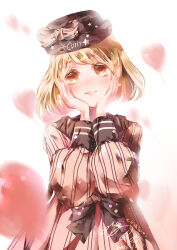  1girl absurdres balloon black_bow black_hat blonde_hair blush bow bowler_hat brown_eyes chinese_commentary clothes_writing collared_dress colored_eyelashes commentary_request cowboy_shot dated dress happy hat hat_bow heart_balloon highres light_particles lipstick long_sleeves looking_to_the_side makeup motion_blur muriel_miaoke nikki_(series) parted_lips pink_bow pink_dress pink_lips pleated_dress polka_dot polka_dot_bow print_headwear puffy_long_sleeves puffy_sleeves shining_nikki short_hair signature simple_background smile solo star_(symbol) star_print straight-on striped_clothes striped_dress sweet_doll_(shining_nikki) tareme vertical-striped_clothes vertical-striped_dress waist_bow white_background 