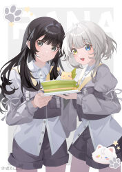  2girls :d alternate_costume bag bang_dream! black_hair black_shorts blue_eyes blush cake cat chinese_commentary closed_mouth collared_shirt commentary_request cowboy_shot food grey_eyes grey_hair heterochromia highres holding holding_plate jacket kaname_raana long_hair long_sleeves looking_at_viewer multiple_girls open_mouth plate puffy_sleeves shirt short_shorts shorts smile star_(symbol) vest white_shirt yellow_eyes yinranluo youmiya_hina 
