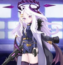  1girl absurdres ahoge black_coat black_gloves black_halo black_skirt black_thighhighs blue_archive breasts coat coat_on_shoulders commentary_request demon_girl demon_horns demon_wings gloves gun halo highres hina_(blue_archive) holding holding_gun holding_weapon horns loang-lipe long_hair low_wings machine_gun mg42 skirt small_breasts solo standing thigh-highs thighs very_long_hair violet_eyes weapon white_hair wings 