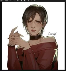  1girl ada_wong art_program_in_frame bare_shoulders black_choker black_hair black_nails choker collarbone commentary earrings gold_earrings grey_eyes highres jewelry long_sleeves nail_polish off-shoulder_sweater off_shoulder red_lips red_sweater resident_evil short_hair signature solo sweater upper_body zombiyh 
