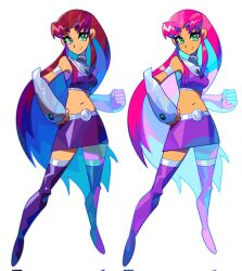  1girl armband boots breasts character_name closed_mouth colored_inner_hair colored_sclera colored_skin crop_top dc_comics denaseey full_body gorget green_eyes green_sclera hand_on_own_hip highres long_hair looking_at_viewer medium_breasts midriff miniskirt multicolored_hair multiple_views navel orange_skin purple_skirt red_hair simple_background skirt smile starfire teen_titans thigh-highs thigh_boots vambraces very_long_hair white_background zettai_ryouiki 