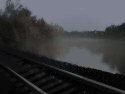  commentary dark fog forest grey_sky highres lake landscape nature no_humans original outdoors painterly railroad_tracks scenery sky symbol-only_commentary twulfs 