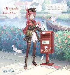  1girl argyle_clothes argyle_dress artist_request ascot bag belt belt_buckle bird black_ascot black_boots black_dress black_hat black_thighhighs blue_sky boat boots bow bowtie brooch brown_belt brown_eyes buckle bush character_name cloak copyright_logo day dove dress english_text envelope eyelashes feather_hair_ornament feathers flower frilled_boots frilled_skirt frilled_sleeves frills full_body glasses gloves gold_buckle green_bag green_vest grey-framed_eyewear hair_ornament hair_over_shoulder hair_scrunchie happy hat high_heel_boots high_heels holding holding_envelope house jewelry knees lace-up_boots logo long_hair long_sleeves looking_at_object love_letter military_hat miniskirt miracle_nikki nikki_(series) official_art outdoors peaked_cap pleated_dress pleated_skirt pocket_watch postbox_(outgoing_mail) puffy_long_sleeves puffy_sleeves quill red_bow red_bowtie red_cloak red_flower red_hair red_rose red_scrunchie regards_from_afar_(miracle_nikki) ribbed_thighhighs ribbon rose round_eyewear scrunchie shade short_dress shoulder_bag side_ponytail skirt skirt_under_dress sky solo standing studded_belt thigh-highs third-party_source tree turtleneck turtleneck_dress vertical-striped_sleeves vest watch watercraft white_gloves white_skirt zettai_ryouiki 