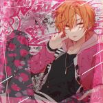  1boy absurdres black_shirt blonde_hair facing_viewer grey_pants highres hood hood_down jacket kao_ru05 male_focus multicolored_background multicolored_hair orange_eyes orange_hair pants pink_background pink_jacket pink_theme project_sekai shinonome_akito shirt short_hair solo tongue tongue_out 