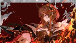  1girl arknights arknights:_endfield armlet black_gloves black_jacket closed_mouth commentary_request fire gloves highres horns jacket jewelry john_kafka korean_commentary long_hair solo surtr_(arknights) upper_body violet_eyes 