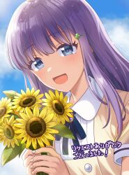  1girl blue_eyes blue_ribbon blue_sky cinderella_series close-up clouds cloudy_sky clover_hair_ornament commentary_request commission flower hachigatsu_no_cinderella_nine hair_ornament hairclip highres holding holding_flower kashino_asa long_hair looking_at_viewer neck_ribbon open_mouth papemo368 purple_hair ribbon sailor_collar shirt skeb_commission sky solo sunflower translation_request upper_body white_sailor_collar yellow_shirt 