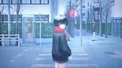  absurdres aqua_eyes black_hair black_jacket city commentary_request highres holding jacket long_sleeves looking_at_viewer official_art original outdoors phone_booth puffy_sleeves red_scarf scarf scenery short_hair skirt tokaki traffic_light tree 